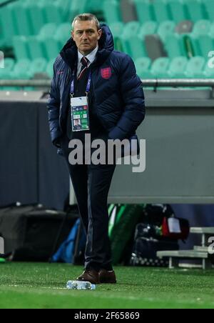 LUBIANA, SLOVENIA - MARZO 28: Aidy Boothroyd, manager d'Inghilterra durante la partita del Campionato europeo Under-21 UEFA 2021 del Gruppo D tra Portogallo e Inghilterra allo Stadion Stozice il 28 marzo 2021 a Lubiana, Slovenia. MB Media Foto Stock