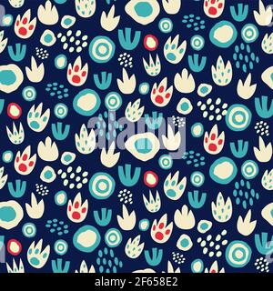 Set di motivi senza cuciture con uova di dinosauro, impronte, texture astratte con neon blu e rosso. Illustrazione Vettoriale