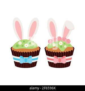 Cupcake pasquali con orecchie conigliate, isolati su sfondo bianco. Illustrazione Vettoriale