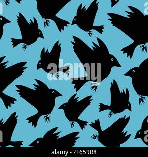 Modello vettoriale senza cuciture con uccelli neri volanti su sfondo blu luminoso. Carta da parati animale con silhouette a corvo. Illustrazione Vettoriale