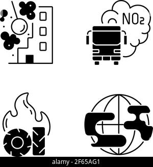 Set di icone lineari nere per inquinamento dell'aria Illustrazione Vettoriale