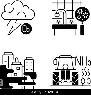 Set di icone lineari nere per inquinamento dell'aria Illustrazione Vettoriale