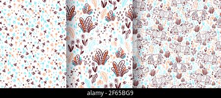 Set di modelli senza cuciture con rinoceronti e safari in stile doodle. Illustrazione Vettoriale