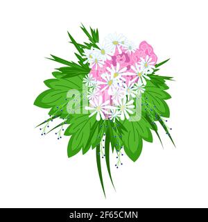 Grande e lussureggiante bouquet di margherite decorate con foglie tropicali verdi, bellissimi fiori come regalo, arrangiamento floreale in stile piatto, vettore Illustrazione Vettoriale