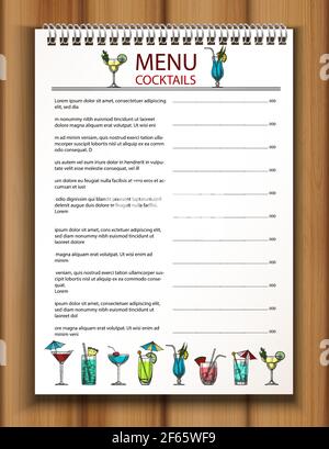 Modello del menu Vector bar and Restaurant Drinks con una colorata collezione di cocktail disegnati a mano su sfondo di legno. Illustrazione Vettoriale