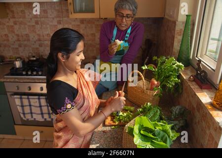 Donne che preparano pasto vegetale per cucinare, sano e fresco raccolto da giardino Foto Stock