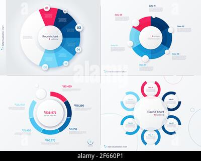 Modelli di grafici rotondi per infografica vettoriale. Sei opzioni, fasi, parti Illustrazione Vettoriale