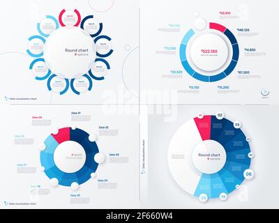 Modelli di grafici rotondi per infografica vettoriale. Nove opzioni, fasi, parti Illustrazione Vettoriale