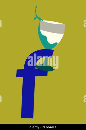 illustrazione di un logo facebook che celebra con un cocktail, isolato su sfondo verde Foto Stock