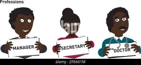 Professione Carriera personaggi con Sign Workers Manager Secretary Doctor Icona African Vectors Editable simbolo Illustrazione Illustrazione Vettoriale