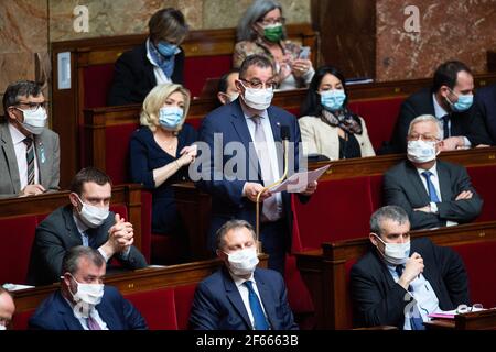 Parigi, Francia. 30 Marzo 2021. Alain Ramadier, deputato LR, durante una sessione di interrogazioni rivolte al governo il 30 marzo 2021 all'Assemblea nazionale di Parigi. Foto di Raphael Lafargue/ABACAPRESS.COM Credit: Abaca Press/Alamy Live News Foto Stock