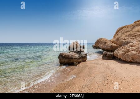 Bella spiaggia di corallo soleggiata del Mar Rosso, Egitto Foto Stock