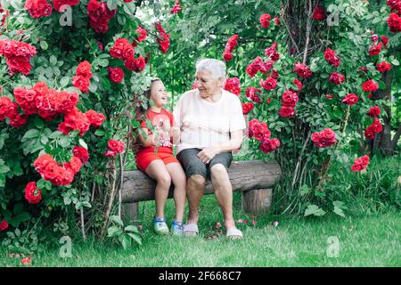 una vecchia nonna racconta alla ragazza storie divertenti da lei infanzia seduta su una panchina fatta di tronchi nel giardino sotto un arco di rose Foto Stock