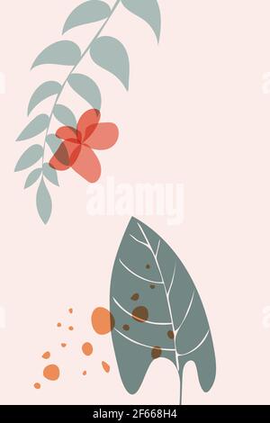 Pittura astratta disegnata a mano, pittura vettoriale minimalista boho inchiostro stile, composizioni botaniche di foglie topiche, fiore, spot trasparente in blu Illustrazione Vettoriale