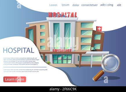 Sfondo vettoriale in stile cartoon con edificio ospedaliero. Consulenza medica, banner centro diagnostico. Illustrazione Vettoriale