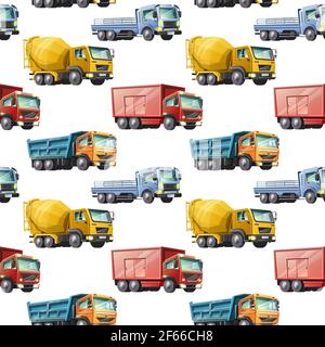 Vector Kids Cartoon Style motivo senza cuciture di colorati camion da costruzione su sfondo bianco. Illustrazione Vettoriale