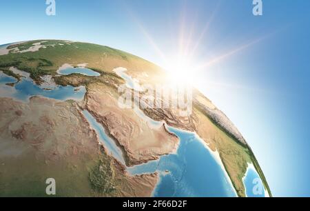 Il sole splende su un'alta vista dettagliata del pianeta Terra, focalizzato sul Medio Oriente e la Penisola Araba - elementi forniti dalla NASA Foto Stock