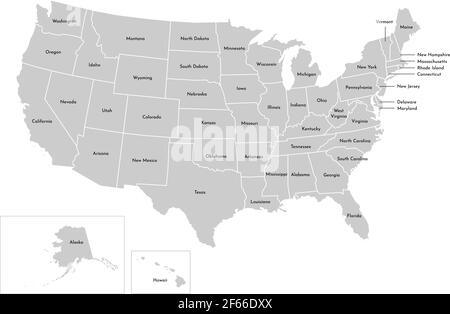 Illustrazione isolata del vettore della mappa amministrativa semplificata degli Stati Uniti (Stati Uniti d'America). Frontiere e nomi degli stati (regioni). Silho grigio Illustrazione Vettoriale