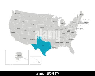 Illustrazione isolata di vettore della mappa amministrativa semplificata degli Stati Uniti. Confini degli stati con nomi. Silhouette blu del Texas (stato). Illustrazione Vettoriale