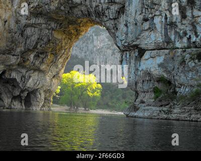 Vallon-Pont-d'Arc, Vista del famoso Pont D'Arc lungo il fiume Ardeche nel sud della Francia con Lone Bright Green Tree. Foto Stock