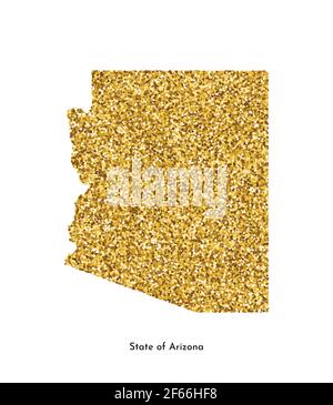 Illustrazione vettoriale isolata con mappa semplificata dello stato dell'Arizona (USA). Luccicante texture dorata con glitter. Modello di decorazione. Illustrazione Vettoriale