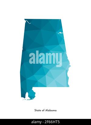 Icona raffigurante un vettore isolato con la silhouette blu semplificata della mappa dello stato dell'Alabama (USA). Stile geometrico poligonale. Sfondo bianco. Illustrazione Vettoriale