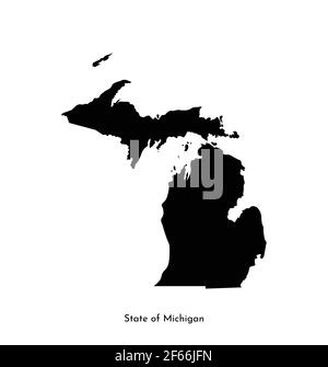 Icona di illustrazione semplificata con profilo nero della mappa dello stato del Michigan (USA). Sfondo bianco. Illustrazione Vettoriale