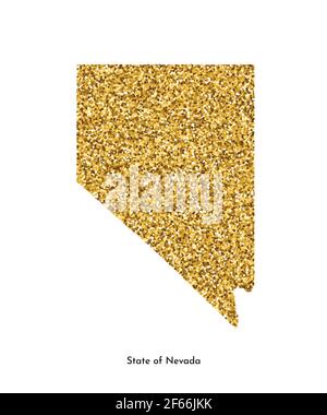 Illustrazione vettoriale isolata con mappa semplificata dello Stato del Nevada (USA). Luccicante texture dorata con glitter. Modello di decorazione. Illustrazione Vettoriale