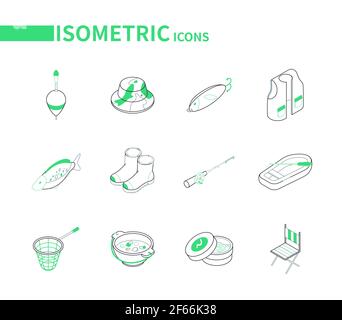Attrezzatura da pesca - moderna linea isometrica icone set. Concetti di hobby, ricreazione e attività estive. Pesce, stivali di gomma, gilet, verga, barca e puddle, s Illustrazione Vettoriale