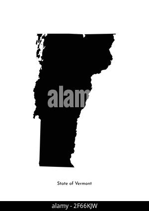 Icona dell'illustrazione semplificata isolata dal vettore con la sagoma della mappa nera dello stato del Vermont (USA). Sfondo bianco Illustrazione Vettoriale