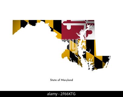 Illustrazione vettoriale isolata con bandiera e mappa semplificata del Maryland (Stato degli Stati Uniti). Ombra di volume sulla mappa. Sfondo bianco Illustrazione Vettoriale