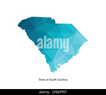 Icona raffigurante un vettore isolato con la silhouette blu semplificata della mappa dello stato della Carolina del Sud (USA). Stile geometrico poligonale. Sfondo bianco. Illustrazione Vettoriale