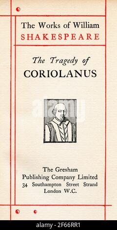 La pagina del titolo del gioco Shakespeare Coriolanus. Dalle opere di William Shakespeare, pubblicato intorno al 1900 Foto Stock