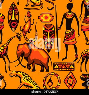 Modello etnico africano senza soluzione di continuità. Persone, animali e maschere. Illustrazione Vettoriale