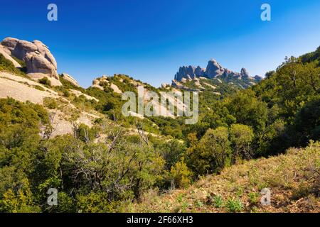 Vista sulla catena montuosa dei Lluerners dal sentiero funicolare di San Joan all'eremo di San Jeroni. Montserrat massiccio parco naturale, Catalogna, SPAI Foto Stock