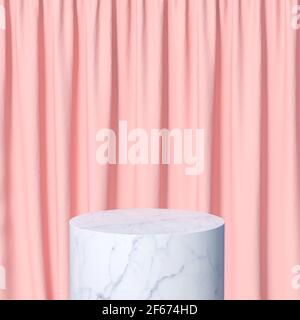 podio cilindrico in marmo bianco e tende rosa. rendering 3d. Foto Stock