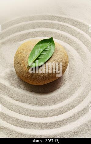 Sabbia, cerchi e pietra. Foglia verde. Concetto di spa. Foto Stock