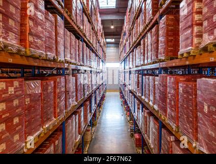 File di scaffali con merce in magazzino di distribuzione. Tavolozze con materiale immagazzinato in sistemi di scaffalatura industriale. Trasporti e logistica. Foto Stock