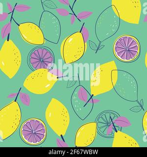 Motivo senza cuciture con limoni sullo sfondo verde menta. Design estivo luminoso, illustrazione vettoriale. Stile disegnato a mano. Illustrazione Vettoriale