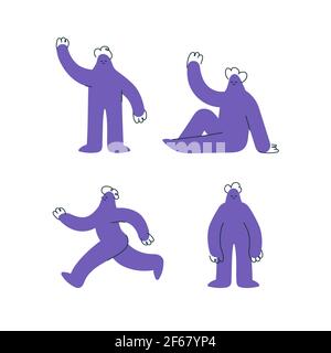Set di divertenti personaggi umani in viola disegnati a mano su bianco Illustrazione Vettoriale