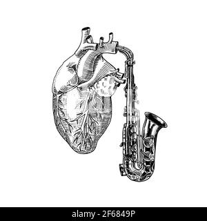 Musica del cuore in stile vintage. Sassofono jazz. Grunge disegnato a mano per tatuaggio, t-shirt o taglio a legno. Illustrazione Vector vintage per il blu Illustrazione Vettoriale