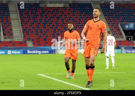 SZEKESFEHERVAR, UNGHERIA - MARZO 30: Festeggia Cody Gakpo della U21 Olanda durante la partita di UEFA Under 21 Euro Championship Group Stage tra N Foto Stock