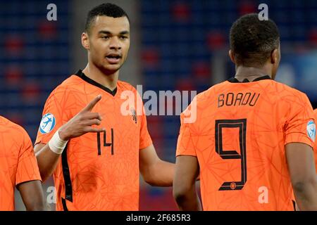 SZEKESFEHERVAR, UNGHERIA - MARZO 30: Festeggia Cody Gakpo della U21 Olanda durante la partita di UEFA Under 21 Euro Championship Group Stage tra N Foto Stock