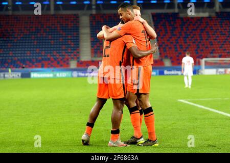 SZEKESFEHERVAR, UNGHERIA - MARZO 30: Festeggia Cody Gakpo della U21 Olanda durante la partita di UEFA Under 21 Euro Championship Group Stage tra N Foto Stock