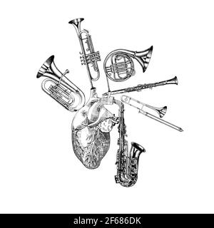 Musica del cuore in stile vintage. Jazz musical Trombone Tromba Flauto tromba sassofono francese. Schizzo disegnato a mano per tatuaggio, t-shirt o taglio a legno Illustrazione Vettoriale