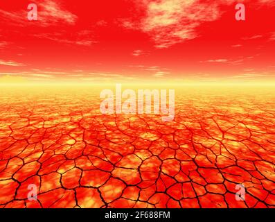 paesaggio marziano di terra rossa e cracked secco deserto e cielo Foto Stock