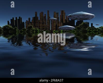 Pianeta Exosolar. Futura città circondata da verde foresta in oceano. Navicelle spaziali nel cielo. Rendering 3D Foto Stock