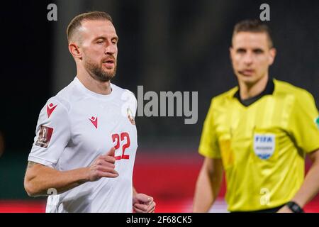 LEUVEN, BELGIO - MARZO 30: Igor Stasevich della Bielorussia durante la Coppa del mondo FIFA 2022 Qatar Qualifier match tra Belgio e Bielorussia a Den Dreef on Foto Stock