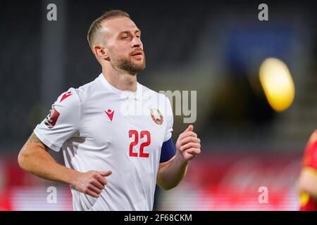 LEUVEN, BELGIO - MARZO 30: Igor Stasevich della Bielorussia durante la Coppa del mondo FIFA 2022 Qatar Qualifier match tra Belgio e Bielorussia a Den Dreef on Foto Stock