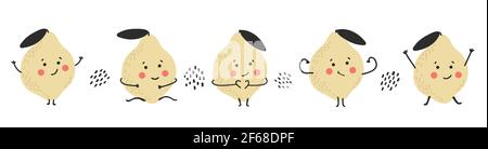 Raccolta di limoni sorrisi disegnati a mano. Carino felice set di caratteri infantile. Set di cibi freschi sani e succosi. Summer vettore illustrazione su sfondo bianco. Illustrazione Vettoriale